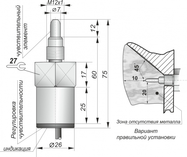 Датчик бесконтактный емкостный ЕУ01-NO-NPN-М12x1(12X18H10T)